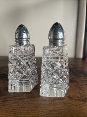 Clear Cut Glass Salt and Pepper Shakers with Silver Tops